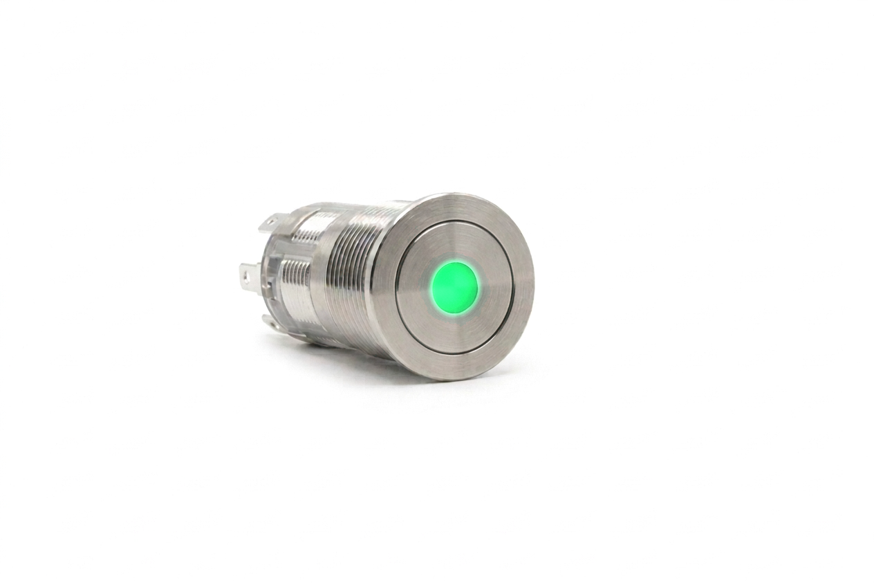 CMI16 16mm Edelstahl Schalter (rastend) Flach, Punktbeleuchtung Grün