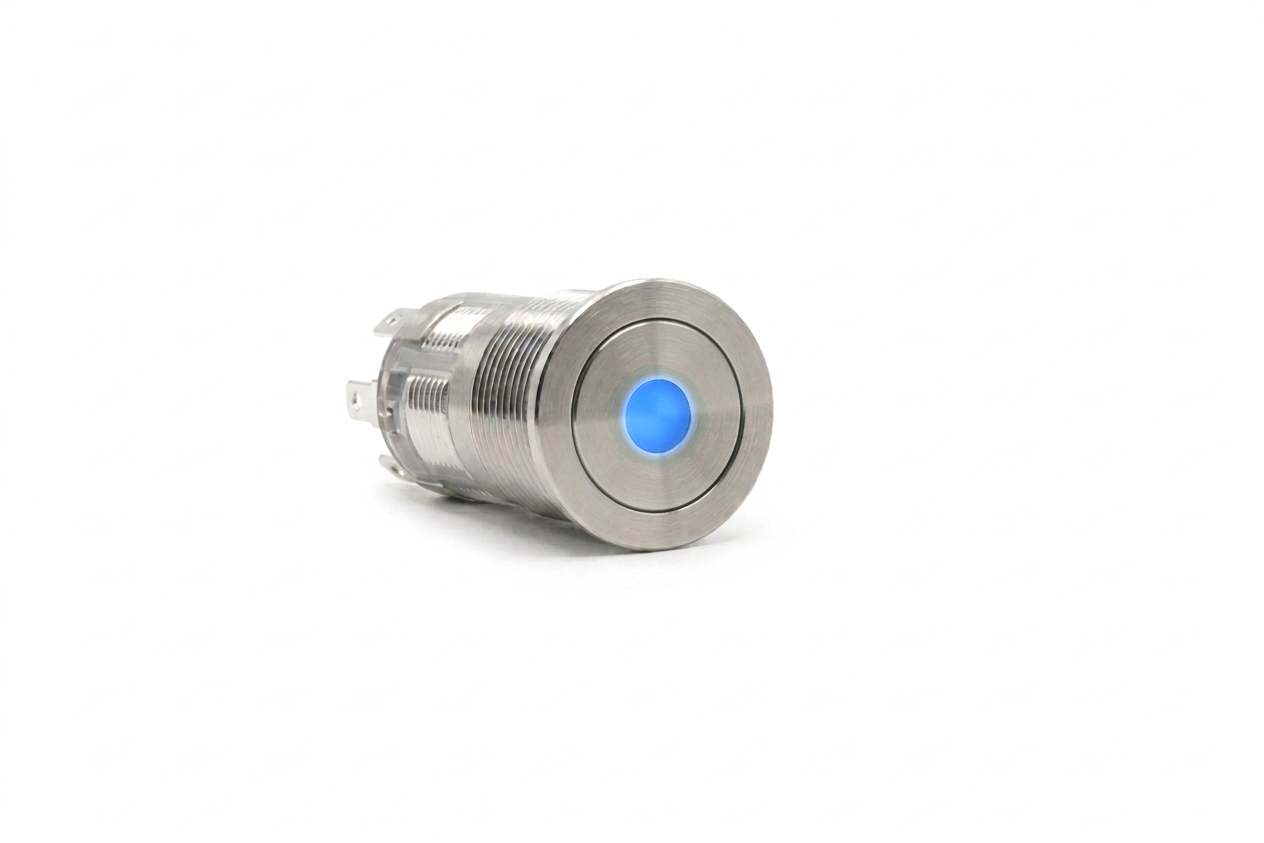 CMI16 16mm Edelstahl Schalter (rastend) Flach, Punktbeleuchtung Blau