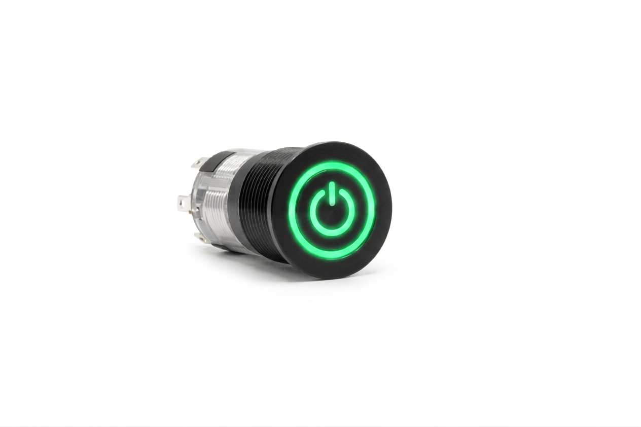 CMI16 16mm Aluminium Schalter (rastend) Flach, Standby Symbol mit Ringbeleuchtung Grün