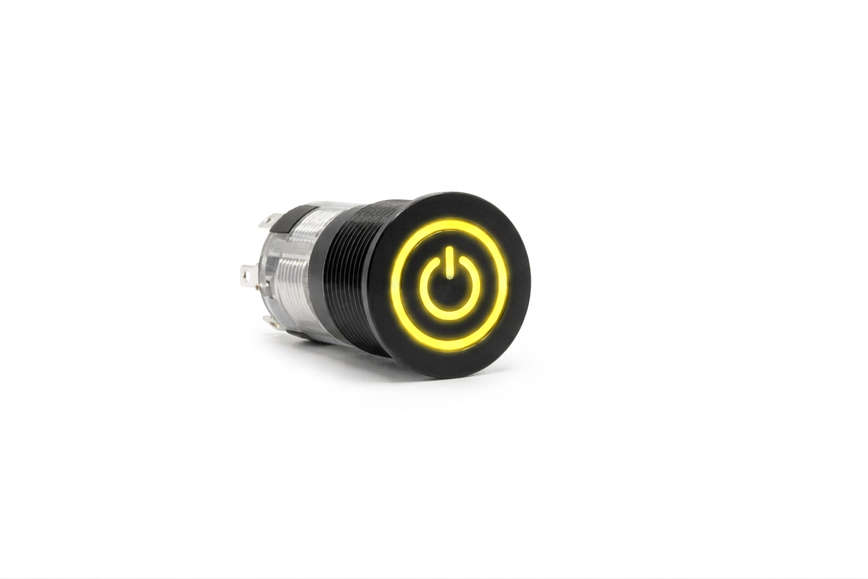 CMI16 16mm Aluminium Schalter (rastend) Flach, Standby Symbol mit Ringbeleuchtung Gelb