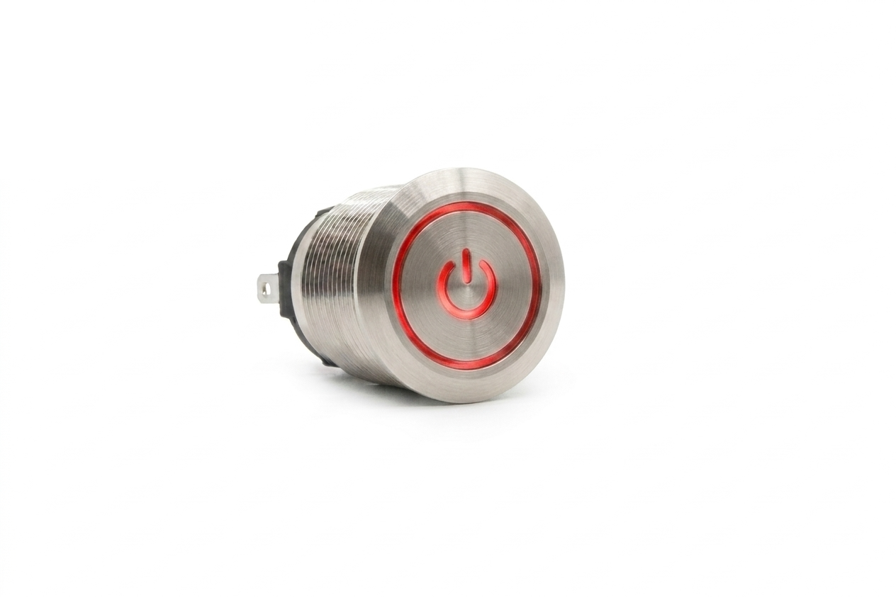 CMI02 19mm Taster Edelstahl Flach, Standby Symbol mit Ringbeleuchtung Rot