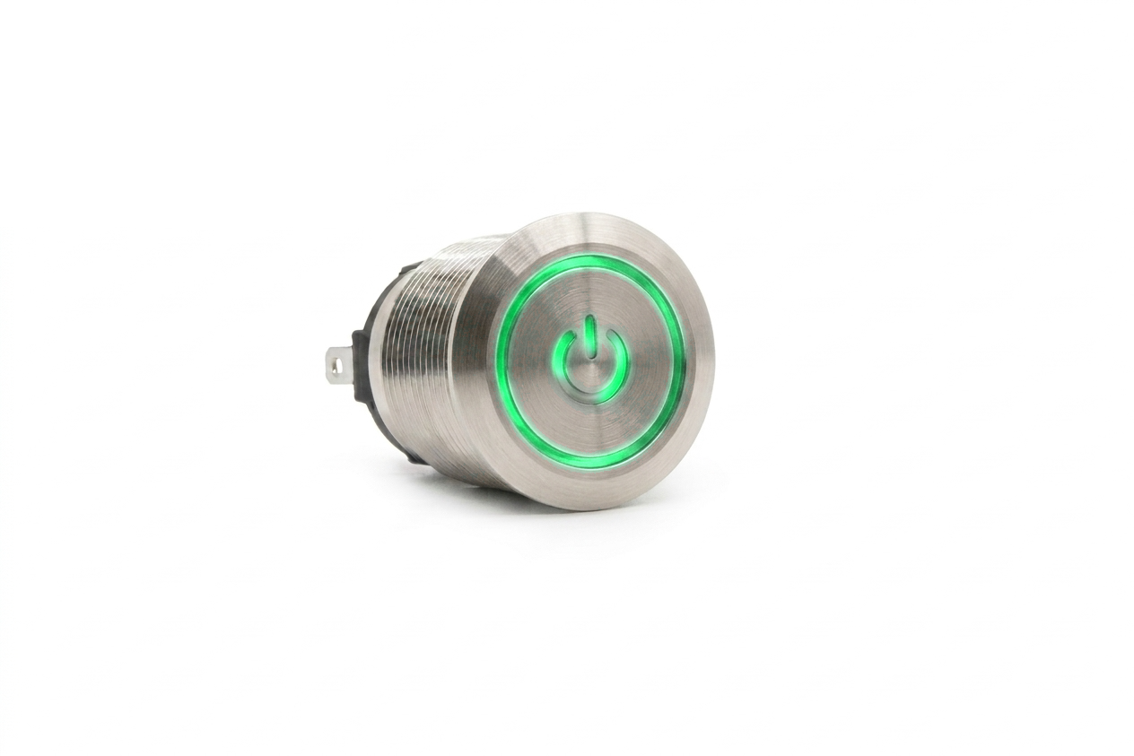 CMI02 19mm Taster Edelstahl Flach, Standby Symbol mit Ringbeleuchtung Grün