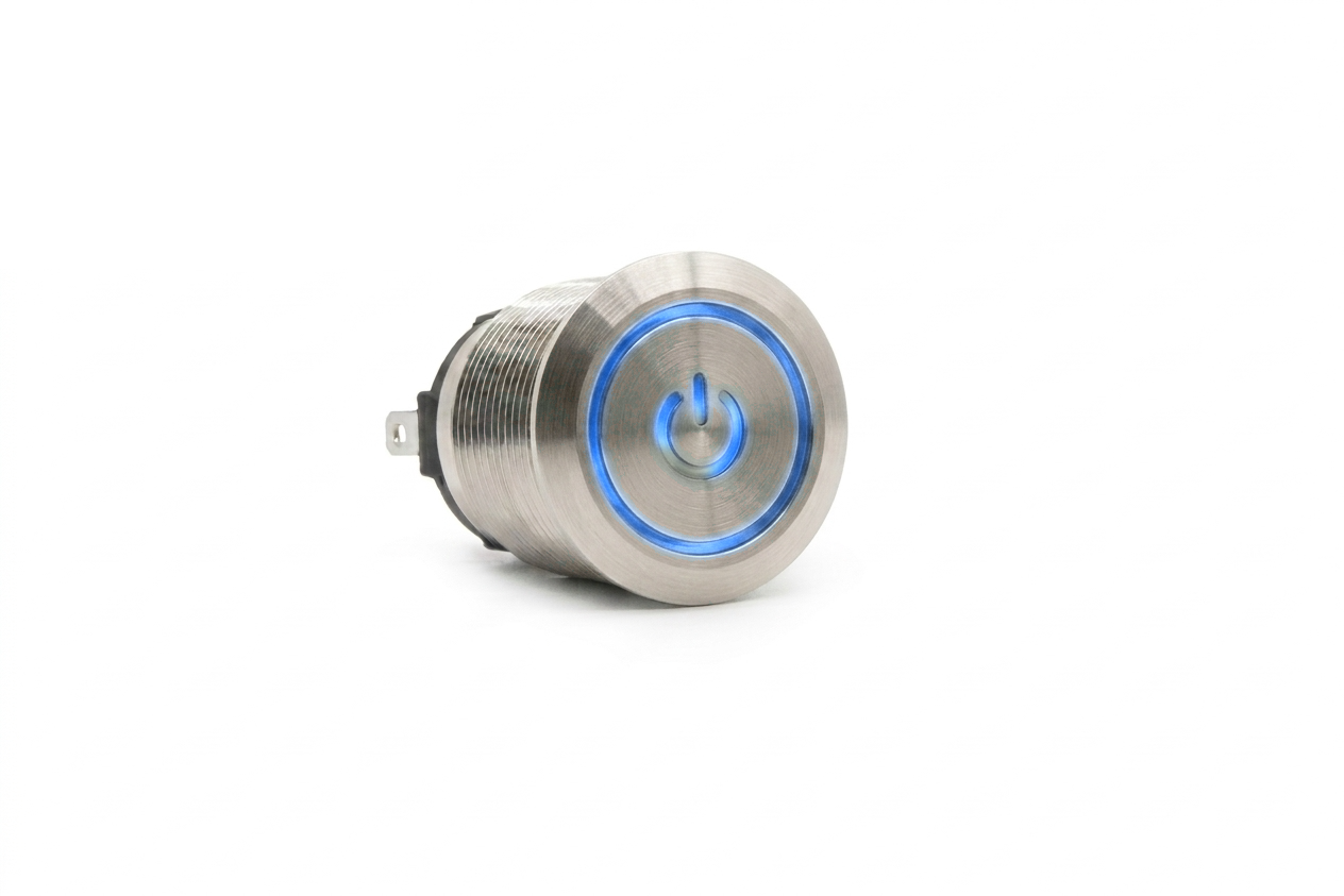 CMI02 19mm Taster Edelstahl Flach, Standby Symbol mit Ringbeleuchtung Blau