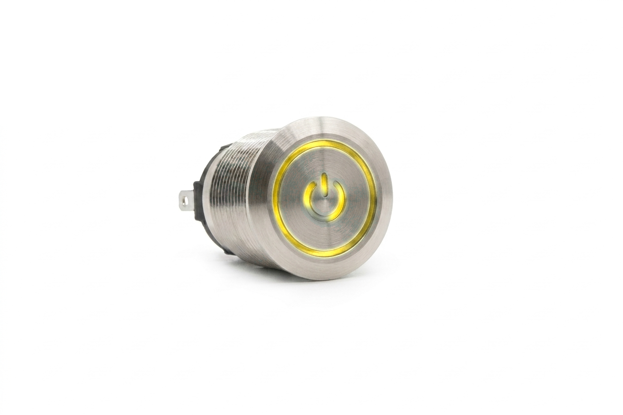 CMI02 19mm Taster Edelstahl Flach, Standby Symbol mit Ringbeleuchtung Gelb