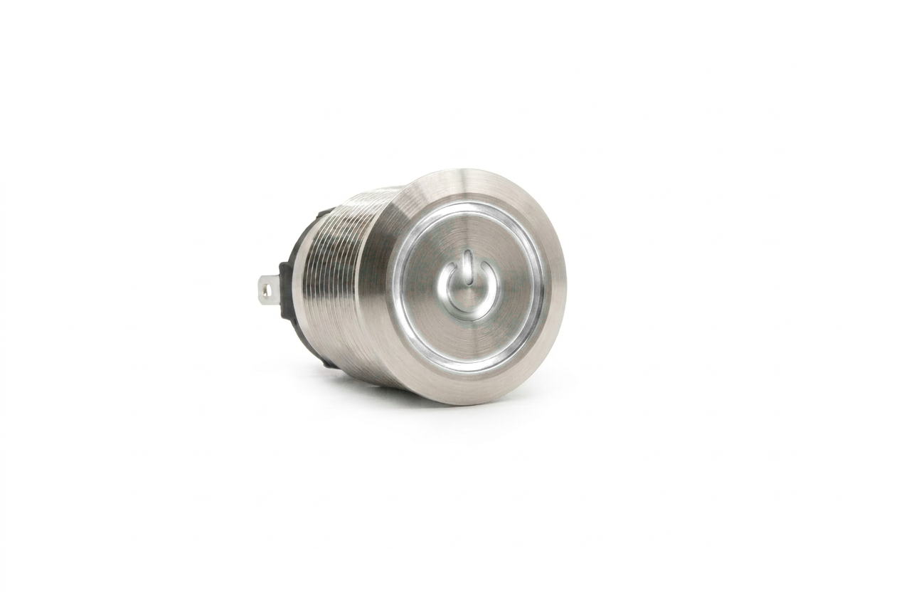 CMI02 19mm Taster Edelstahl Flach, Standby Symbol mit Ringbeleuchtung Weiss