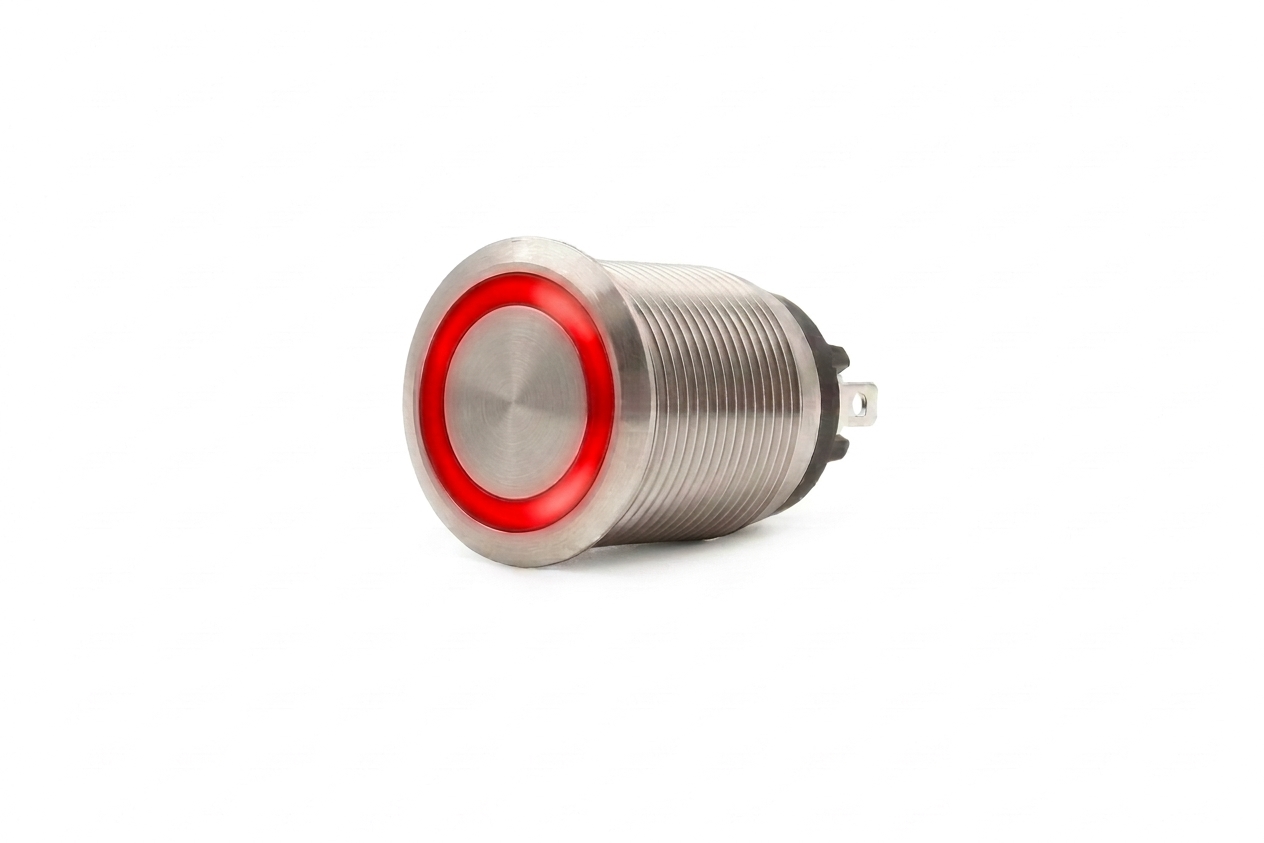 CMI02 19mm Taster Edelstahl Flach, Ringbeleuchtung Rot