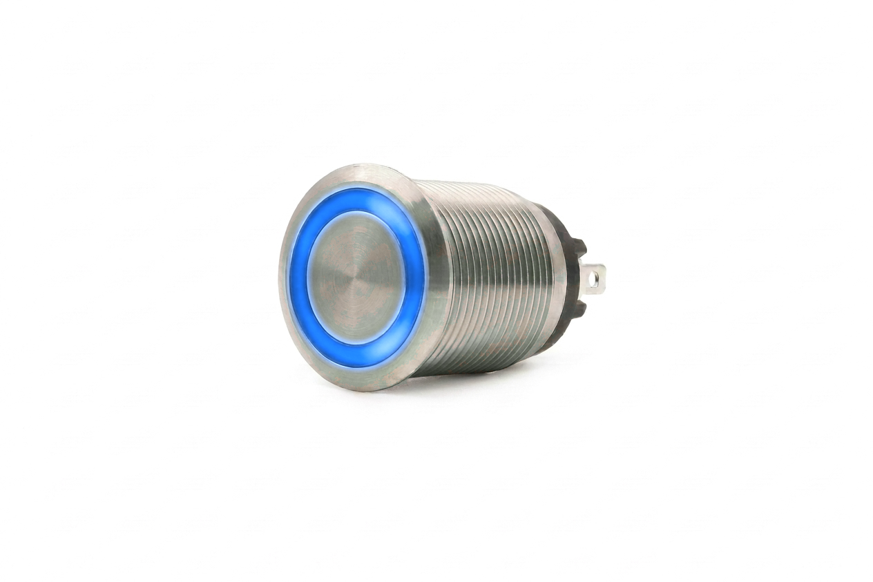 CMI02 19mm Taster Edelstahl Flach, Ringbeleuchtung Blau
