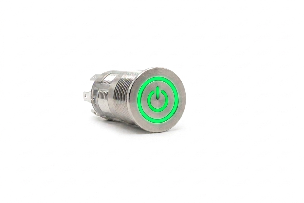 CMI16 16mm Edelstahl Schalter (rastend) Flach, Standby Symbol mit Ringbeleuchtung Grün