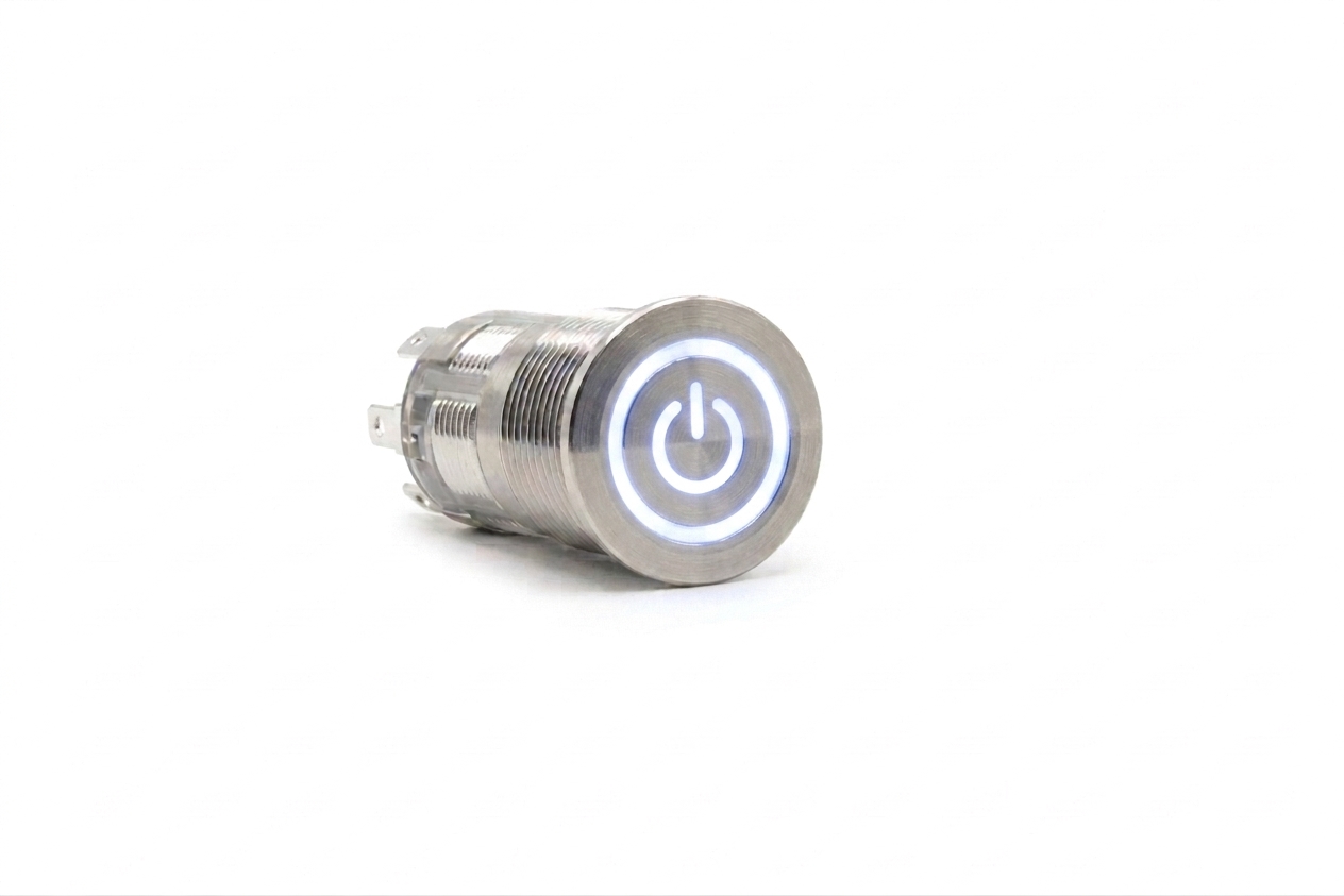 CMI16 16mm Edelstahl Schalter (rastend) Flach, Standby Symbol mit Ringbeleuchtung Weiss