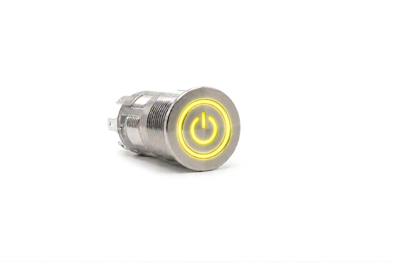 CMI16 16mm Edelstahl Schalter (rastend) Flach, Standby Symbol mit Ringbeleuchtung Gelb