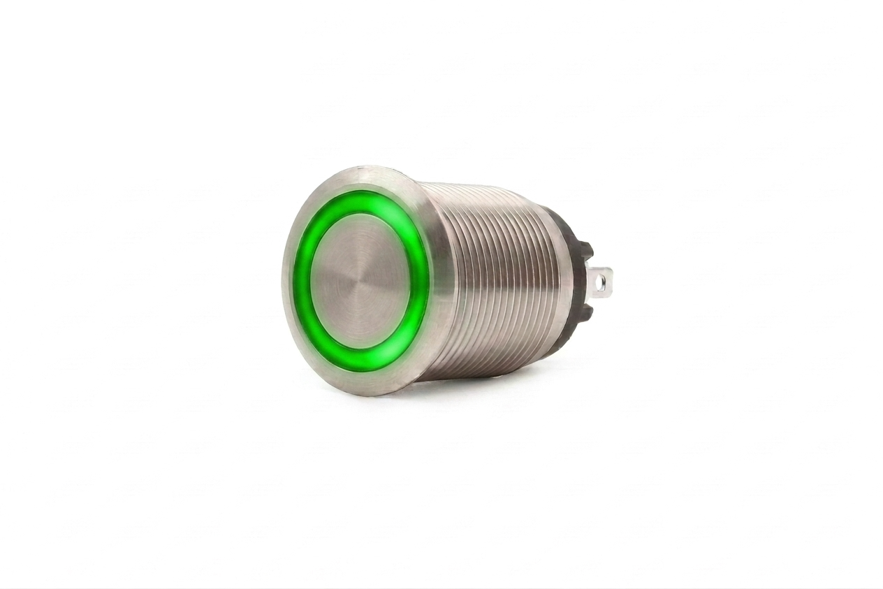 CMI02 19mm Taster Edelstahl Flach, Ringbeleuchtung Grün
