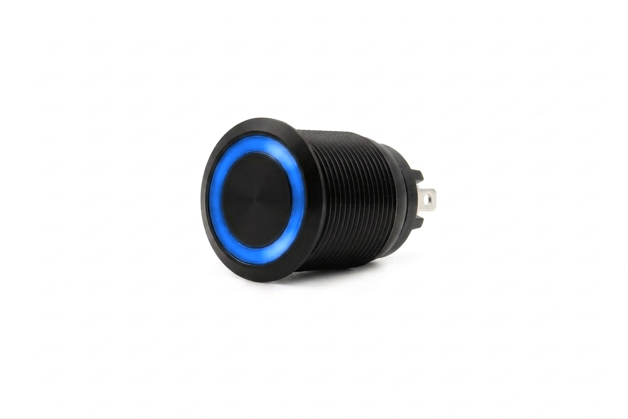 CMI02 19mm Taster Aluminium Flach, Ringbeleuchtung Blau