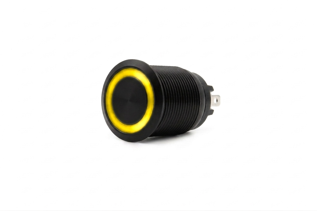 CMI02 19mm Taster Aluminium Flach, Ringbeleuchtung Gelb