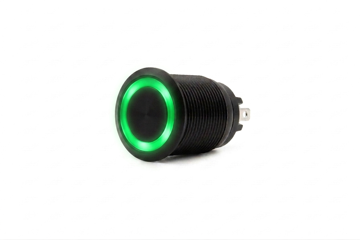 CMI02 19mm Taster Aluminium Flach, Ringbeleuchtung Grün
