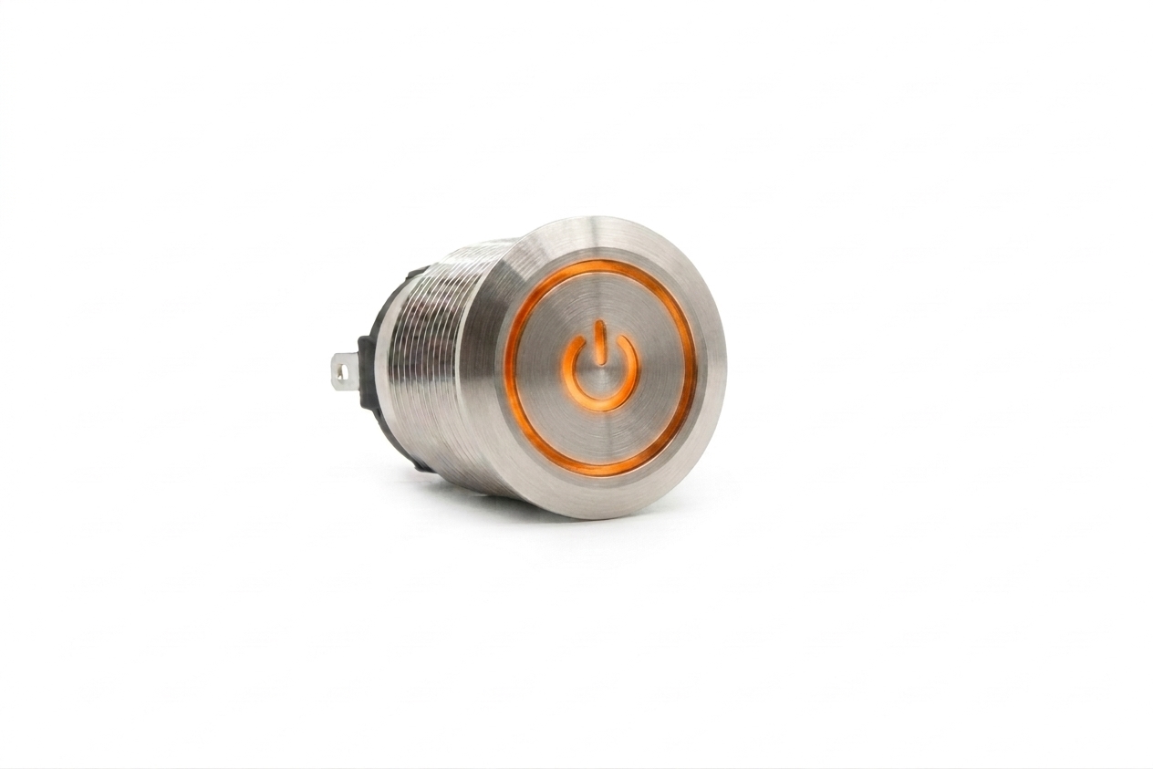 CMI02 19mm Taster Edelstahl Flach, Standby Symbol mit Ringbeleuchtung Orange