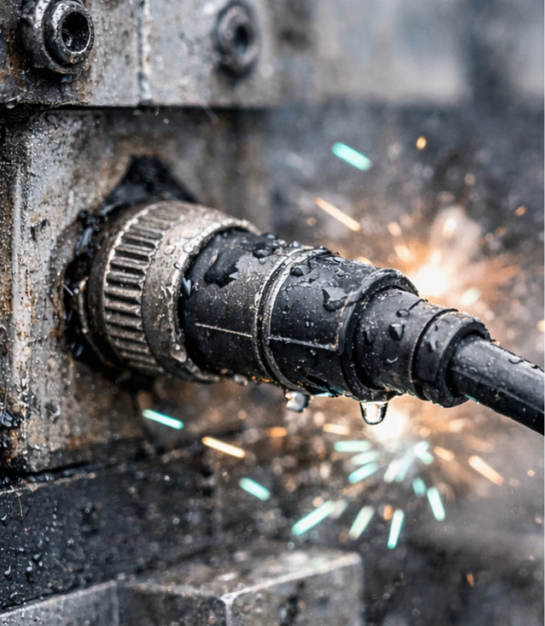M12-Steckverbinder im industriellen Einsatz unter Feuchtigkeit und mechanischer Belastung an einer Maschine.