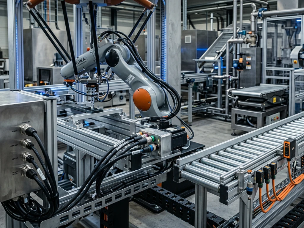 M12-Steckverbinder in verschiedenen industriellen Anwendungen wie Automatisierung, Robotik und Sensorik in moderner Produktionsumgebung.