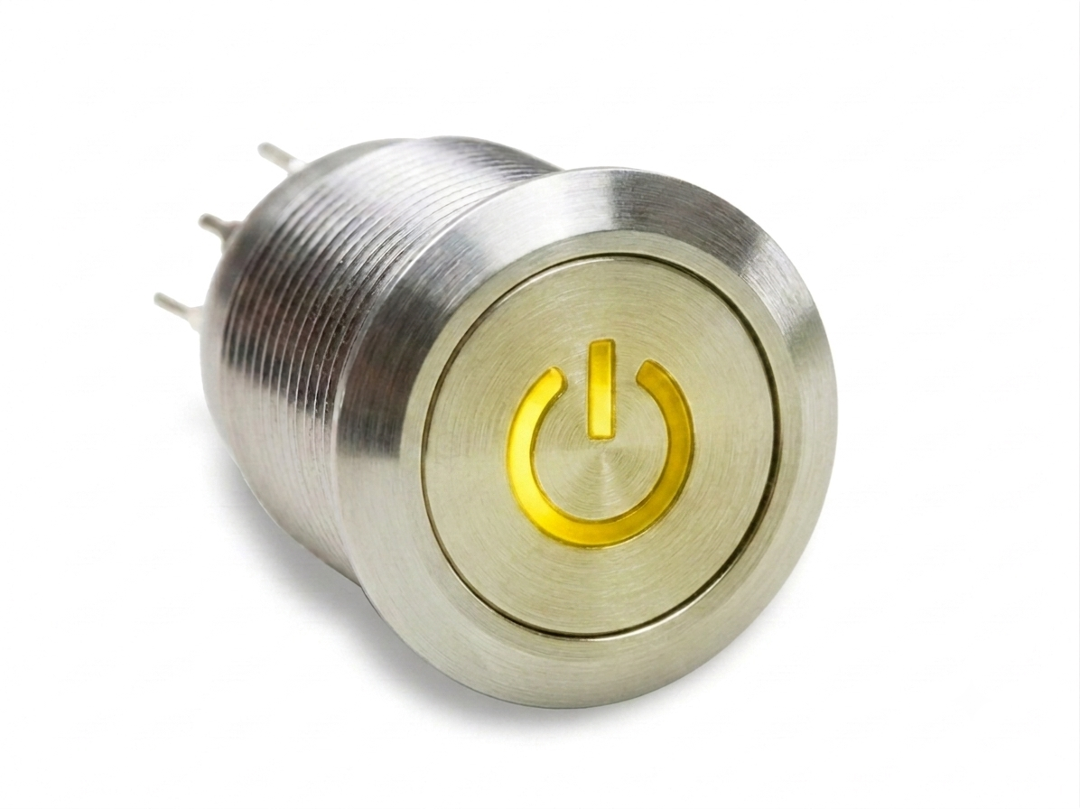 CMI25 19mm Edelstahl Schalter (rastend) Flach, Standby Symbolbeleuchtung Gelb