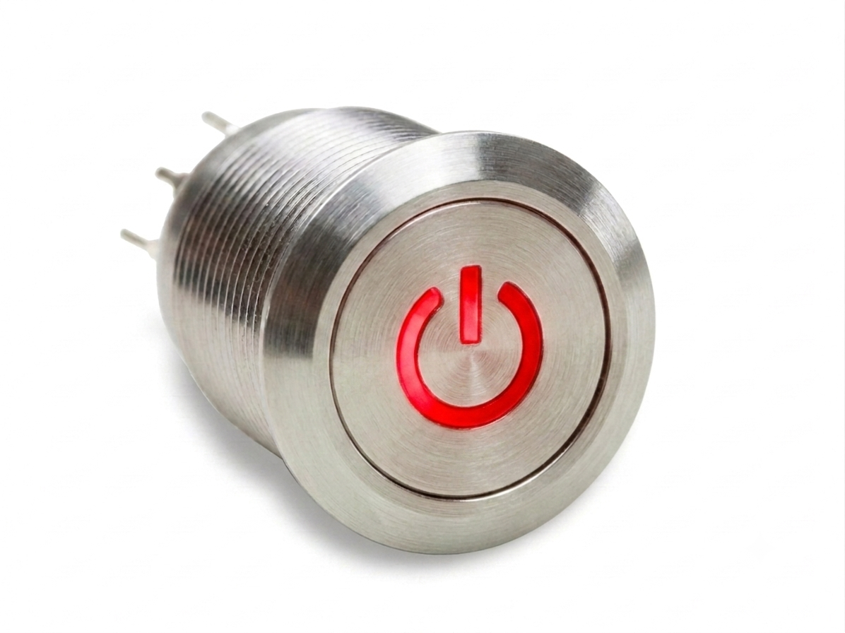 CMI25 19mm Edelstahl Schalter (rastend) Flach, Standby Symbolbeleuchtung Rot