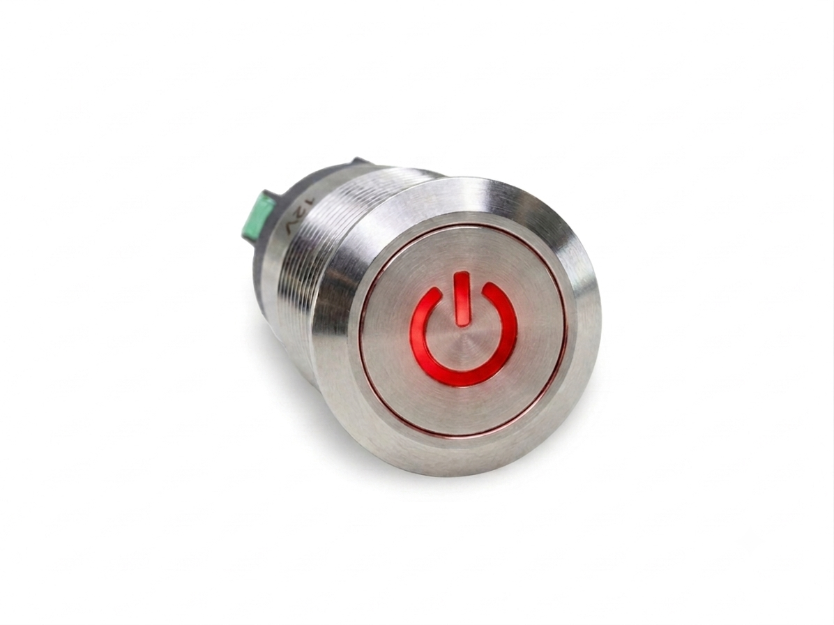 CMI25 19mm Edelstahl Schalter (rastend) Flach, Standby Symbolbeleuchtung Rot