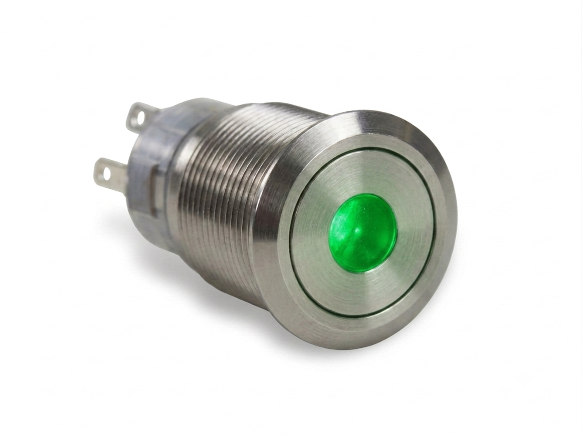 CMI30 19mm Edelstahl Schalter (rastend) Flach, Punktbeleuchtung Grün