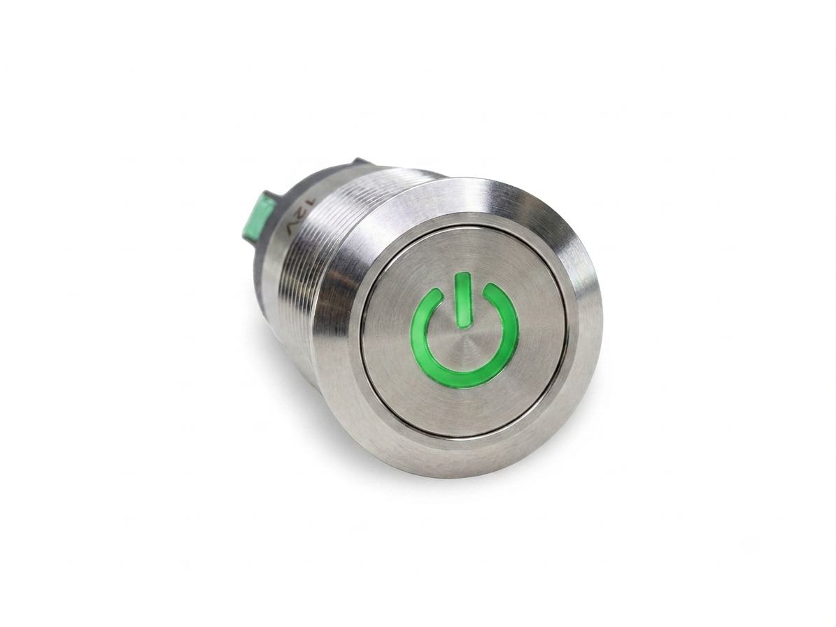 CMI25 19mm Edelstahl Schalter (rastend) Flach, Standby Symbolbeleuchtung Grün