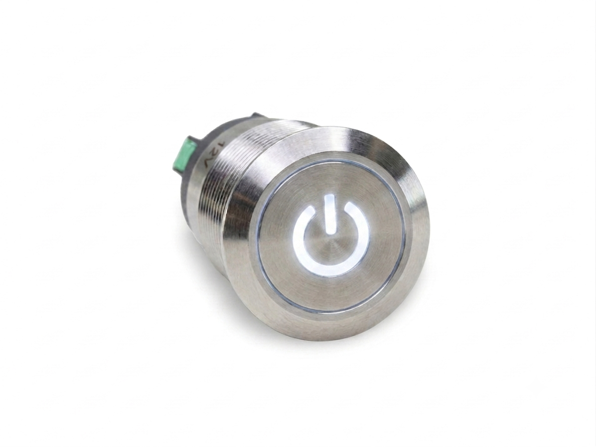 CMI25 19mm Edelstahl Schalter (rastend) Flach, Standby Symbolbeleuchtung Weiss