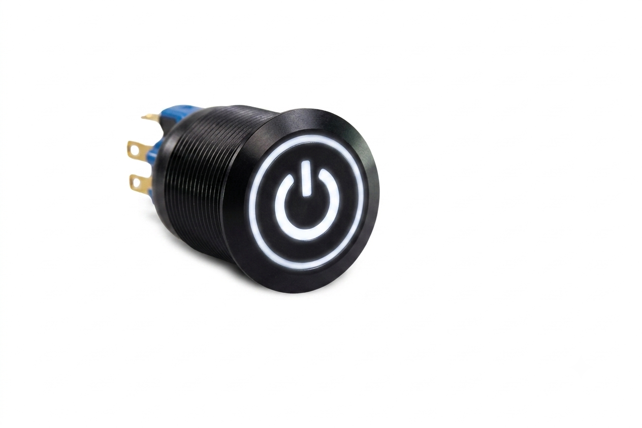 CMI35 22mm Aluminium Schalter (rastend) Flach, Standby Symbol mit Ringbeleuchtung Weiss