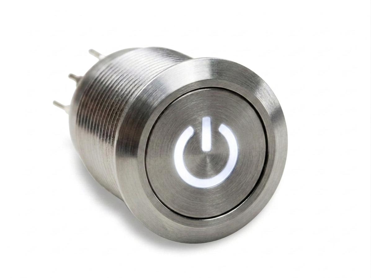 CMI25 19mm Edelstahl Schalter (rastend) Flach, Standby Symbolbeleuchtung Weiss