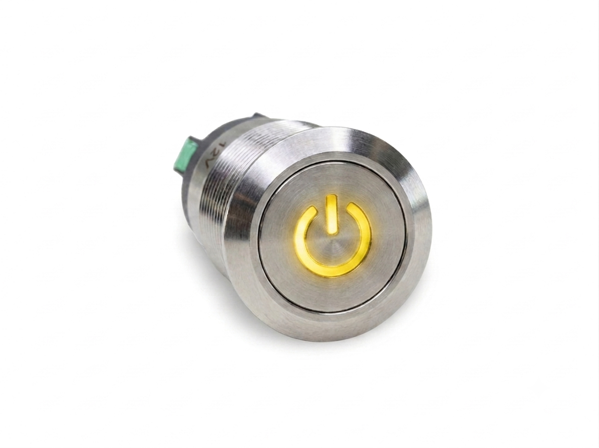 CMI25 19mm Edelstahl Schalter (rastend) Flach, Standby Symbolbeleuchtung Gelb
