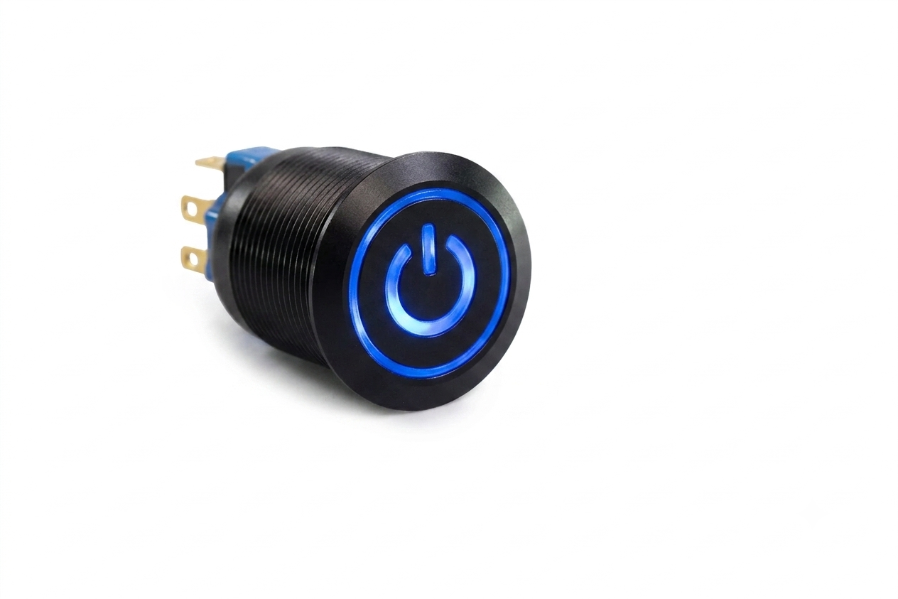 CMI35 22mm Aluminium Schalter (rastend) Flach, Standby Symbol mit Ringbeleuchtung Blau