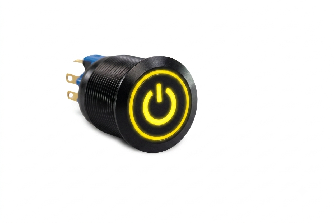 CMI35 22mm Aluminium Schalter (rastend) Flach, Standby Symbol mit Ringbeleuchtung Gelb