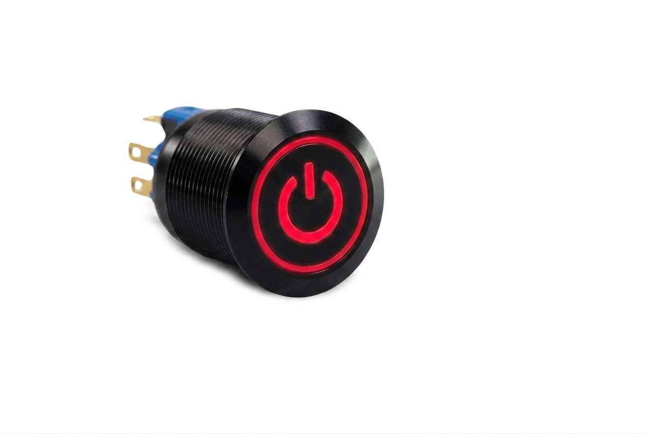CMI35 22mm Aluminium Schalter (rastend) Flach, Standby Symbol mit Ringbeleuchtung Rot