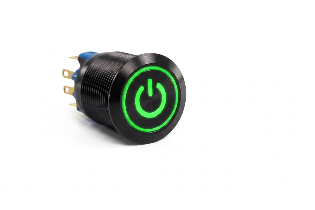 CMI35 22mm Aluminium Schalter (rastend) Flach, Standby Symbol mit Ringbeleuchtung Grün
