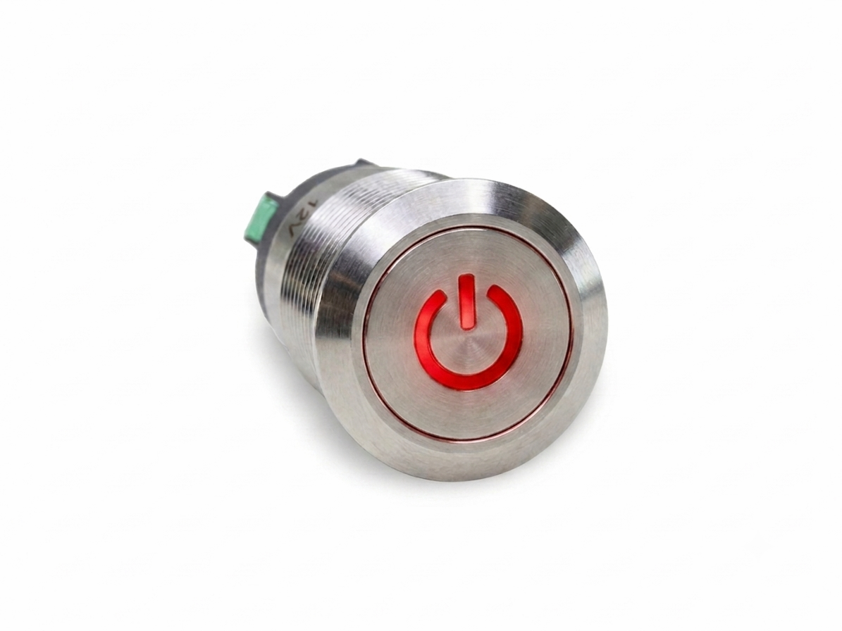 CMI25 19mm Edelstahl Schalter (rastend) Flach, Standby Symbolbeleuchtung Grün/Rot bipolar