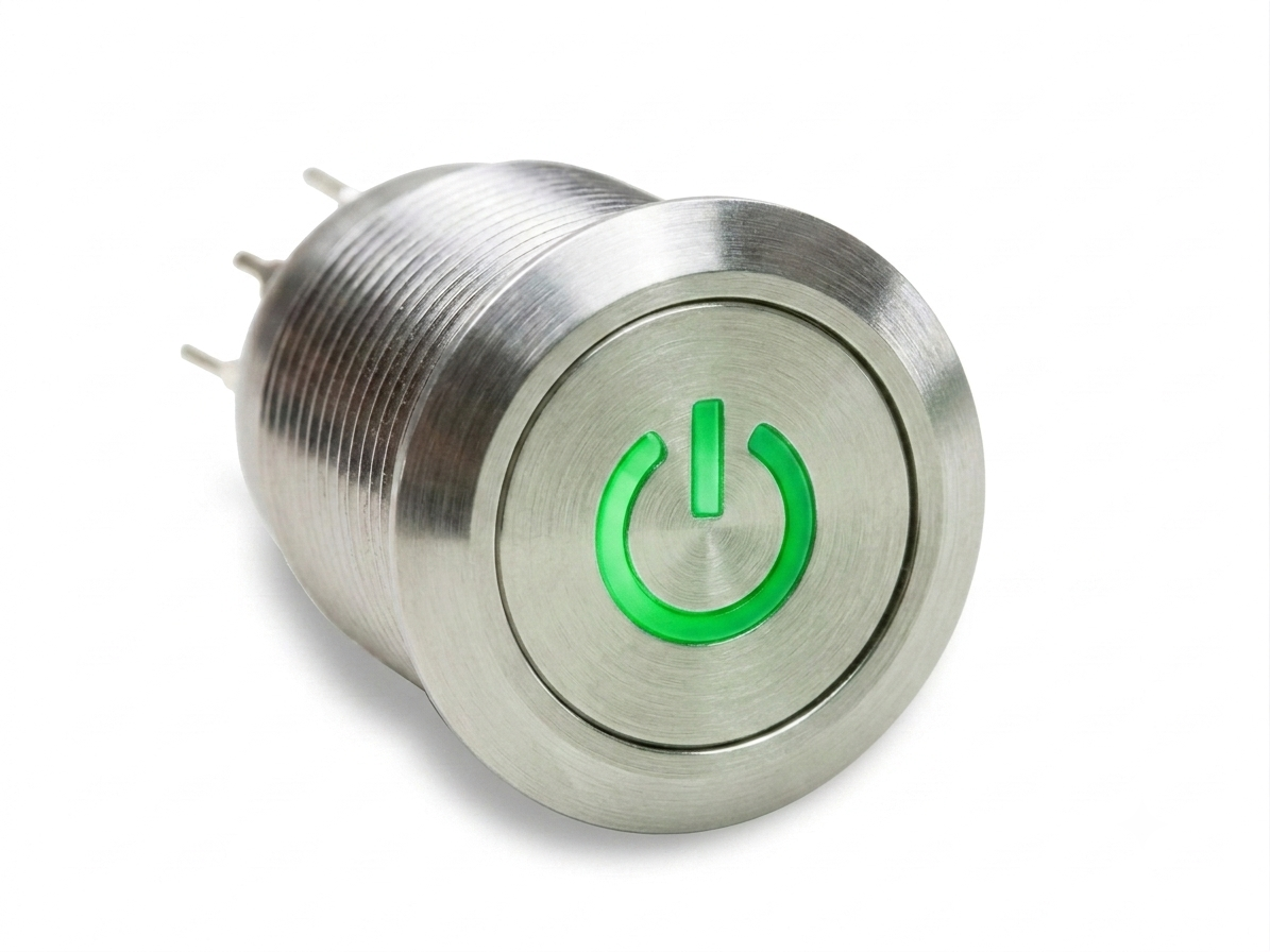 CMI25 19mm Edelstahl Schalter (rastend) Flach, Standby Symbolbeleuchtung Grün